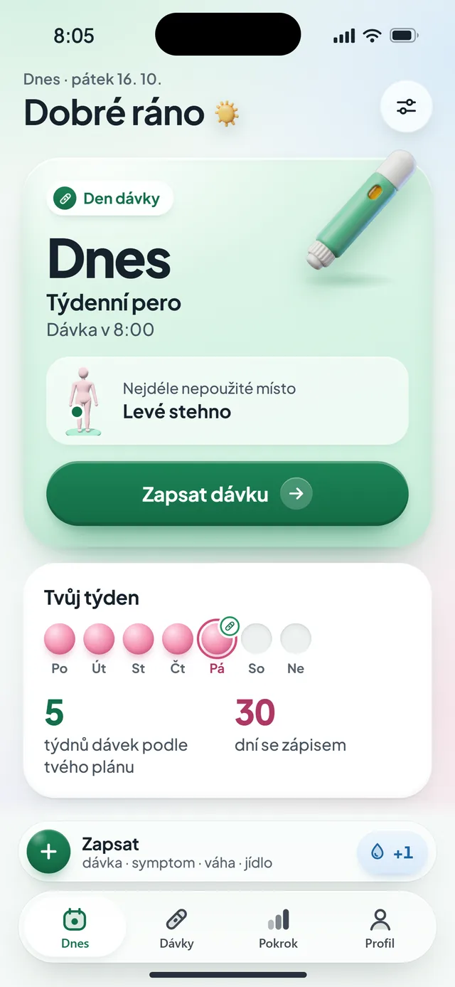 Přehled Dnes v aplikaci Dávka: karta léku s dnešním dnem dávky, nejdéle nepoužitým místem vpichu a tlačítkem Zapsat dávku