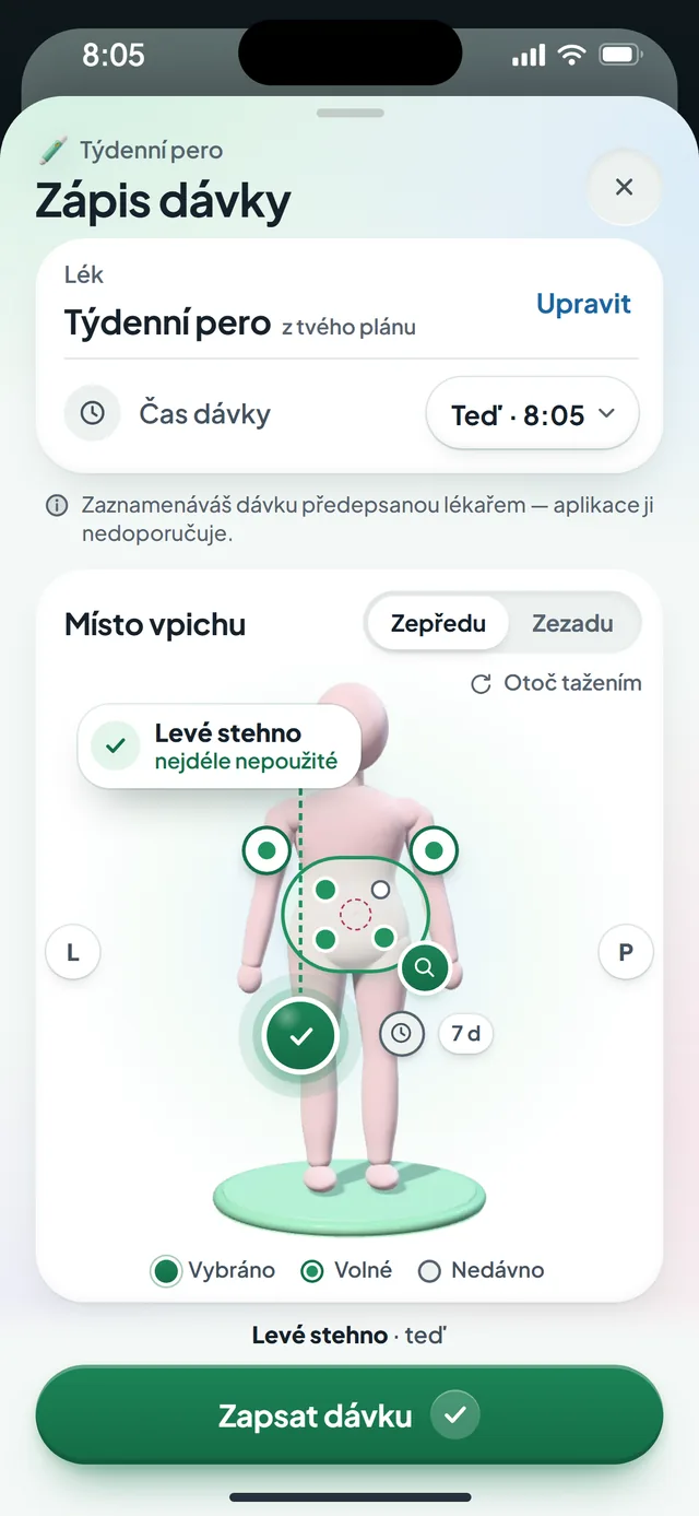 Zápis dávky v aplikaci Dávka: 3D postava s místy vpichu na pažích, stehnech a břiše, vybrané je nejdéle nepoužité levé stehno