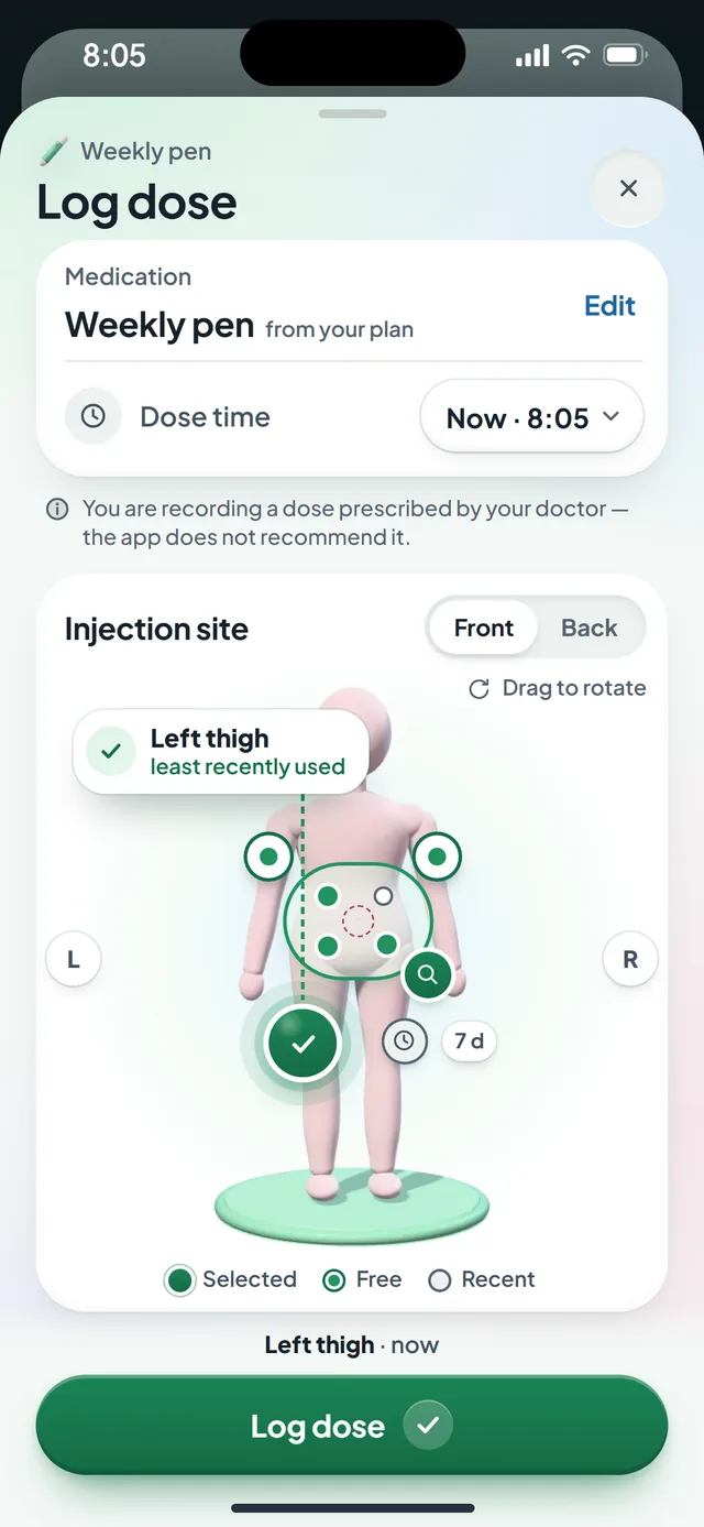 Logging a dose in the Dávka app: a 3D figure with injection sites on the arms, thighs and abdomen, with the least recently used left thigh selected