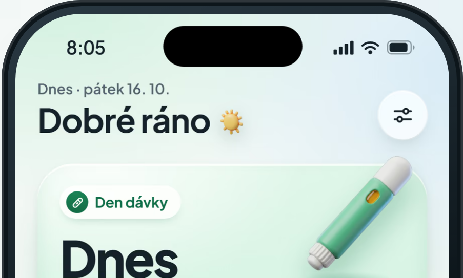 Obrazovka Dnes v aplikaci Dávka: karta léku s dnešním dnem dávky, nejdéle nepoužitým místem vpichu a tlačítkem Zapsat dávku, pod ní týden dávek
